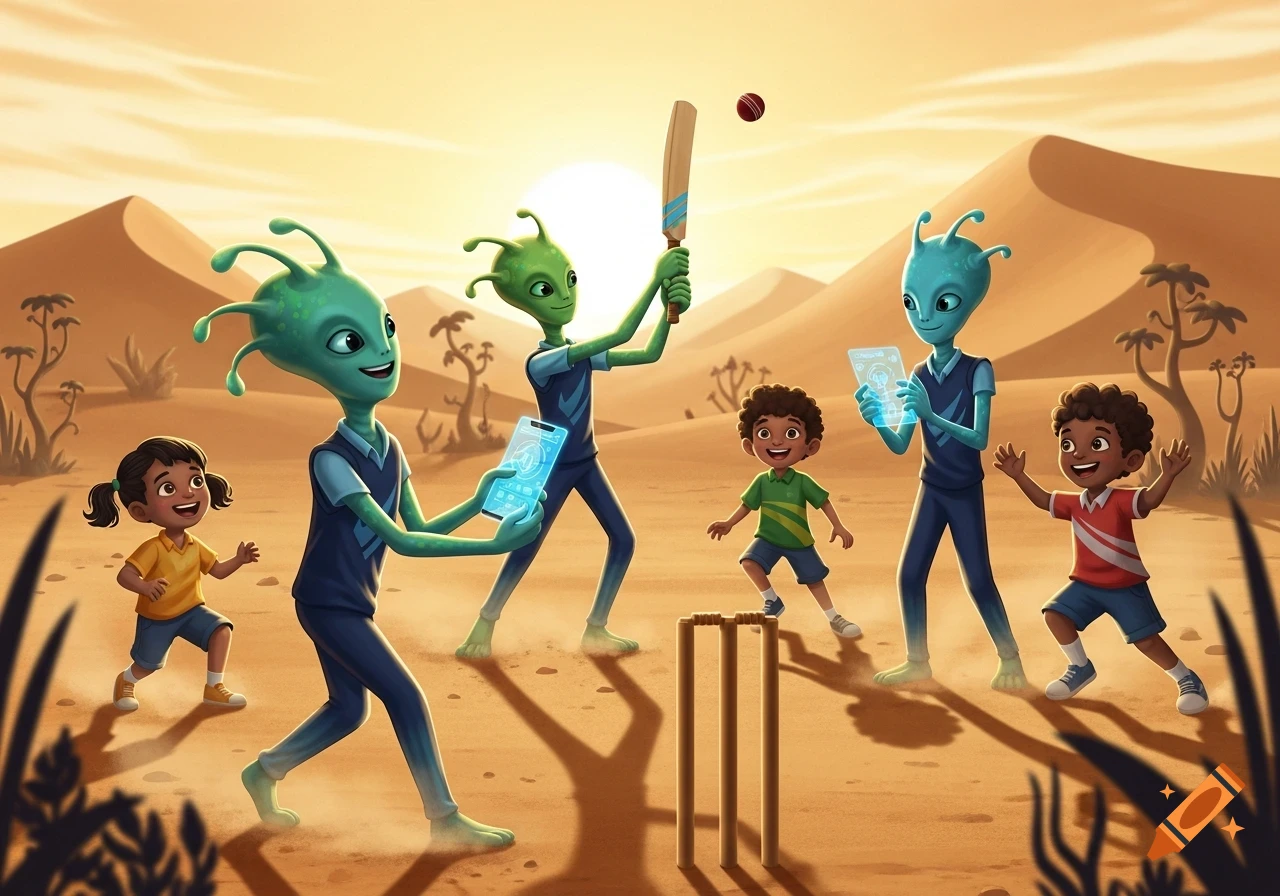 Vibrant cartoon illustration of three green aliens and three children joyfully playing cricket in a sunny desert landscape.