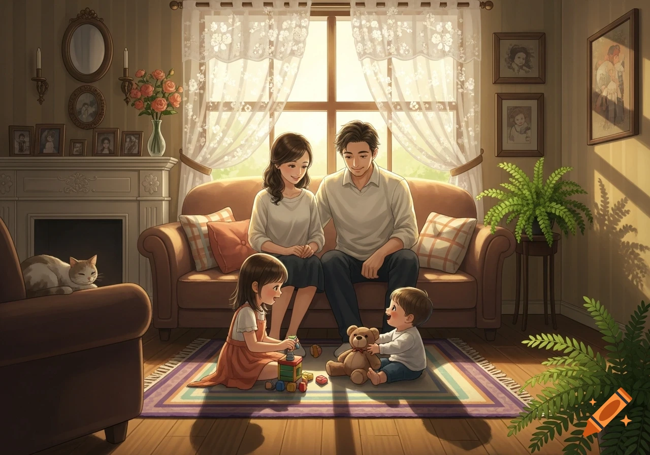 Anime illustration of a family in a sunlit living room; parents sit on a couch while two children play with toys on a rug, a cat naps nearby.