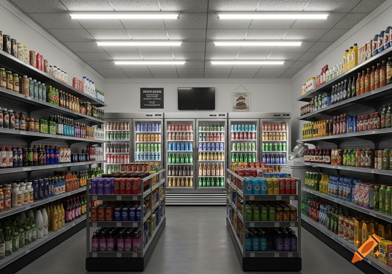 Photorealistic interior view of a brightly lit small grocery shop with shelves full of various products and multiple drink fridges.
