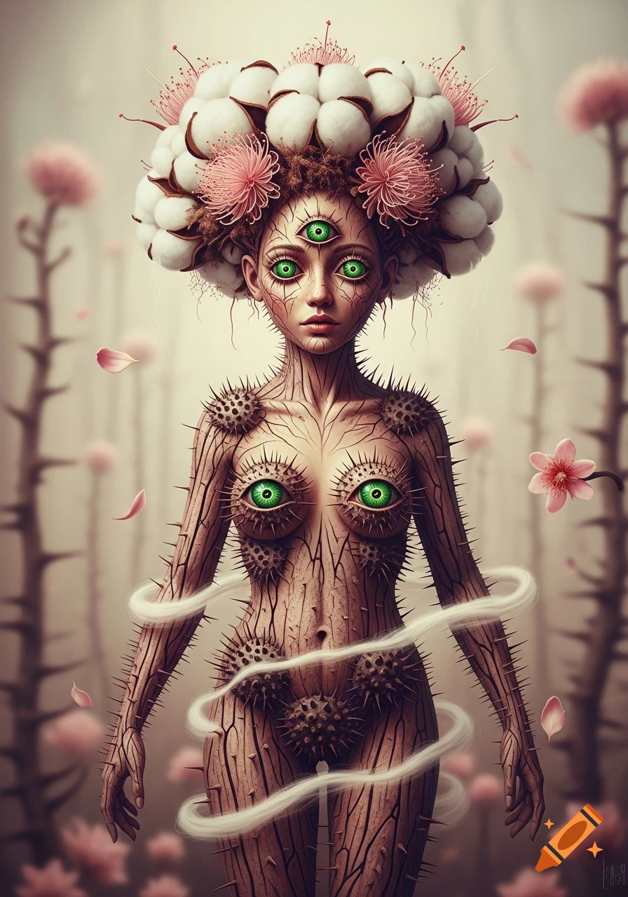A surreal botanical woman with bark skin, multiple green eyes, thorns, and cotton-like hair stands in a dreamscape.
