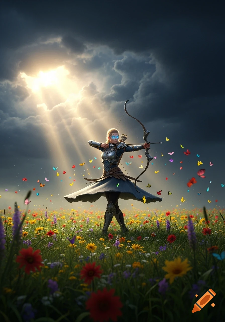 A fierce archer with glowing blue eyes stands in a vibrant flower meadow, holding a bow and arrow. Colorful butterflies flutter around her as sunbeams pierce dark clouds above.
