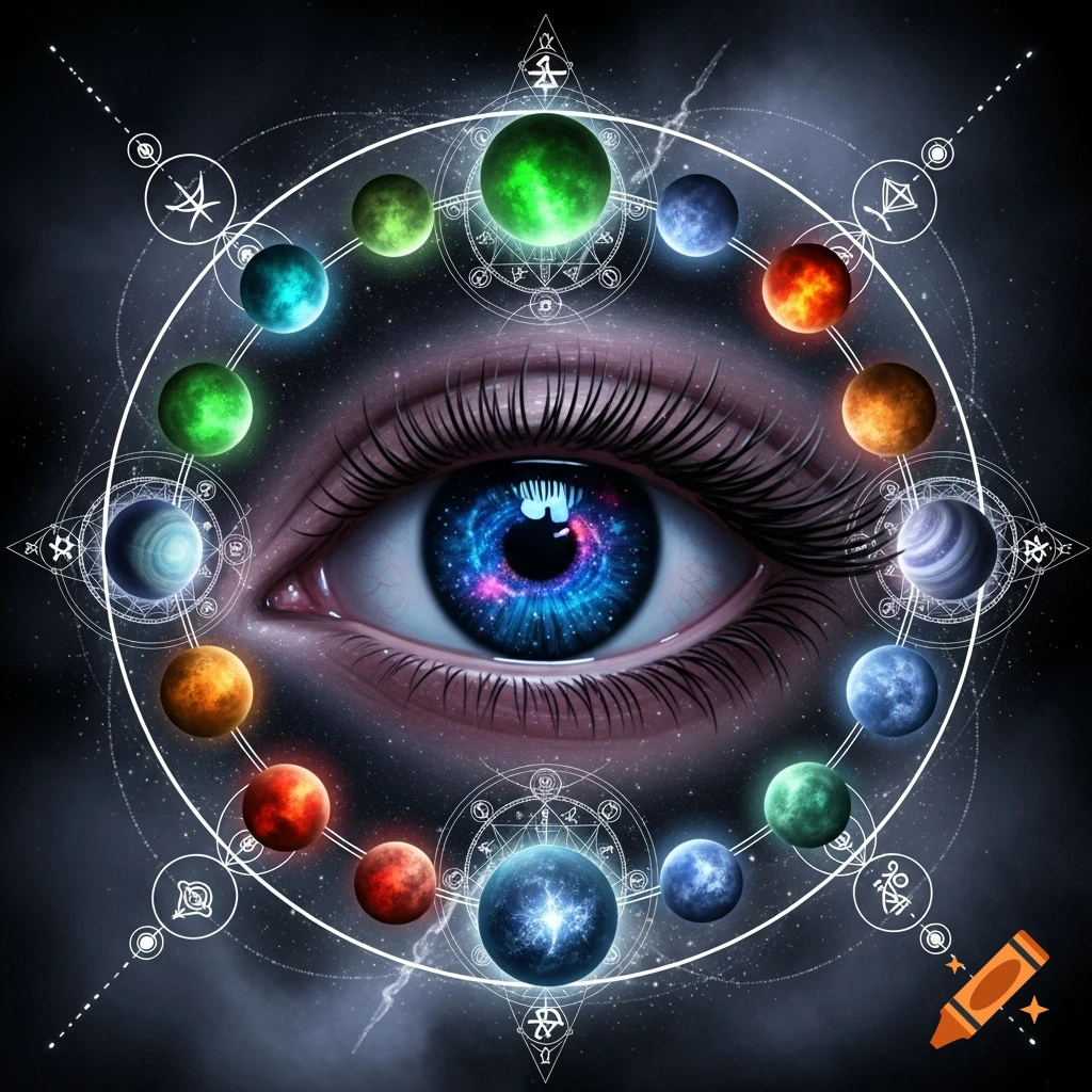 A human eye with a galaxy in its iris, surrounded by a circle of colorful planets and intricate mystical symbols against a starry sky.