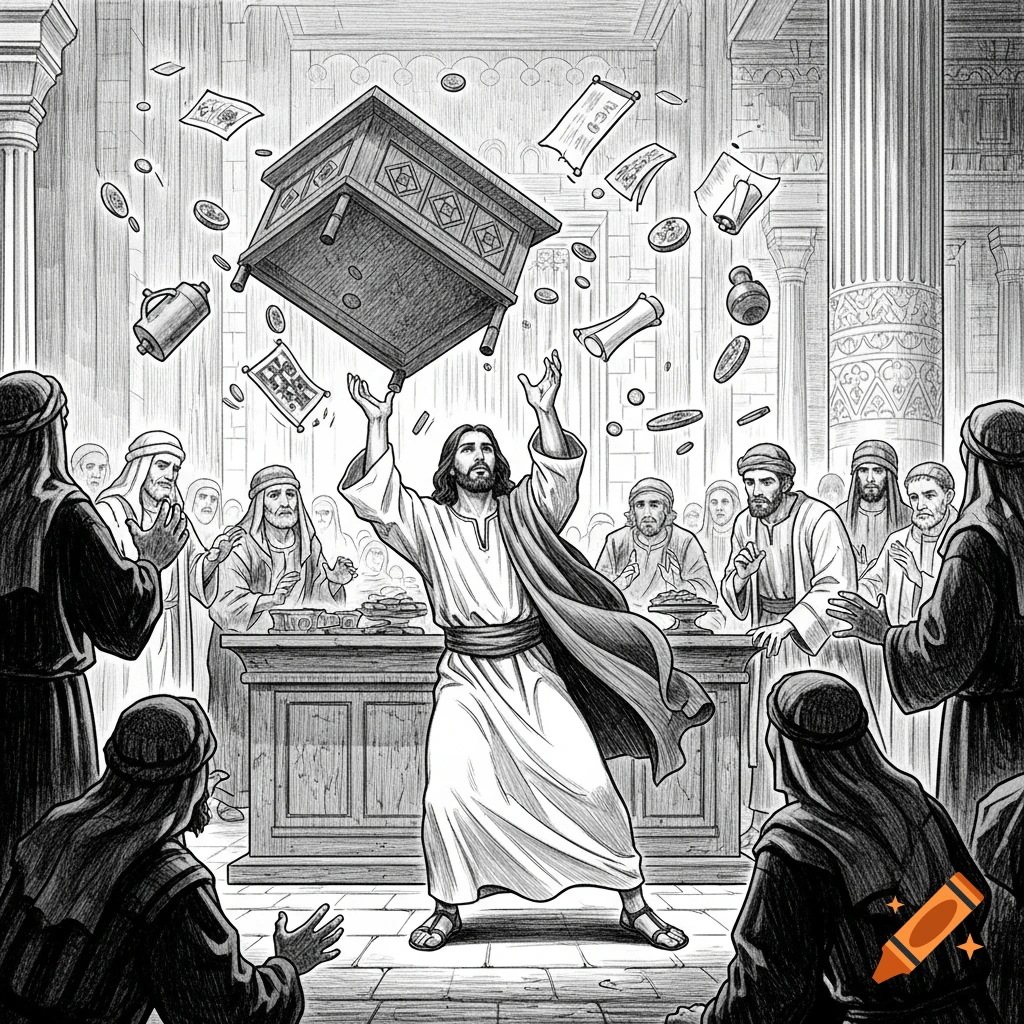 Black and white sketch of Jesus flipping a table in a temple, with coins and scrolls flying in the air as people watch.