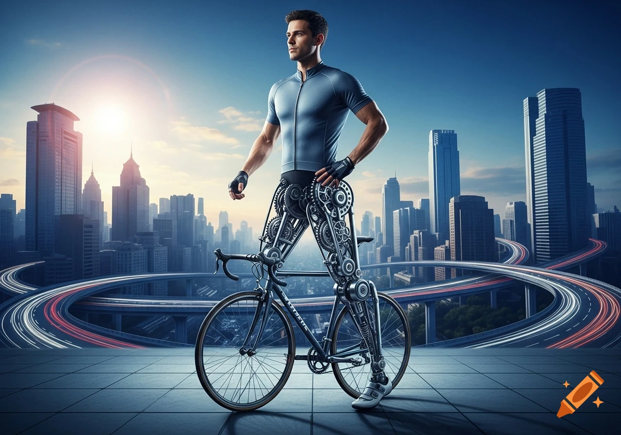 A photorealistic image of a man with intricate mechanical bicycle legs stands on a tiled surface against a futuristic city skyline with blurred light trails on a highway.