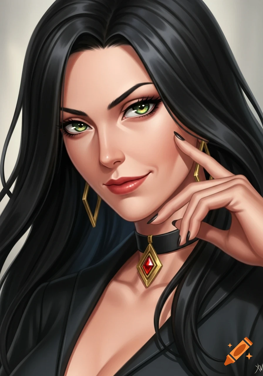 Anime-style portrait of a confident woman with long black hair, green eyes, wearing a black top and a choker with a red gem, with a playful smirk.