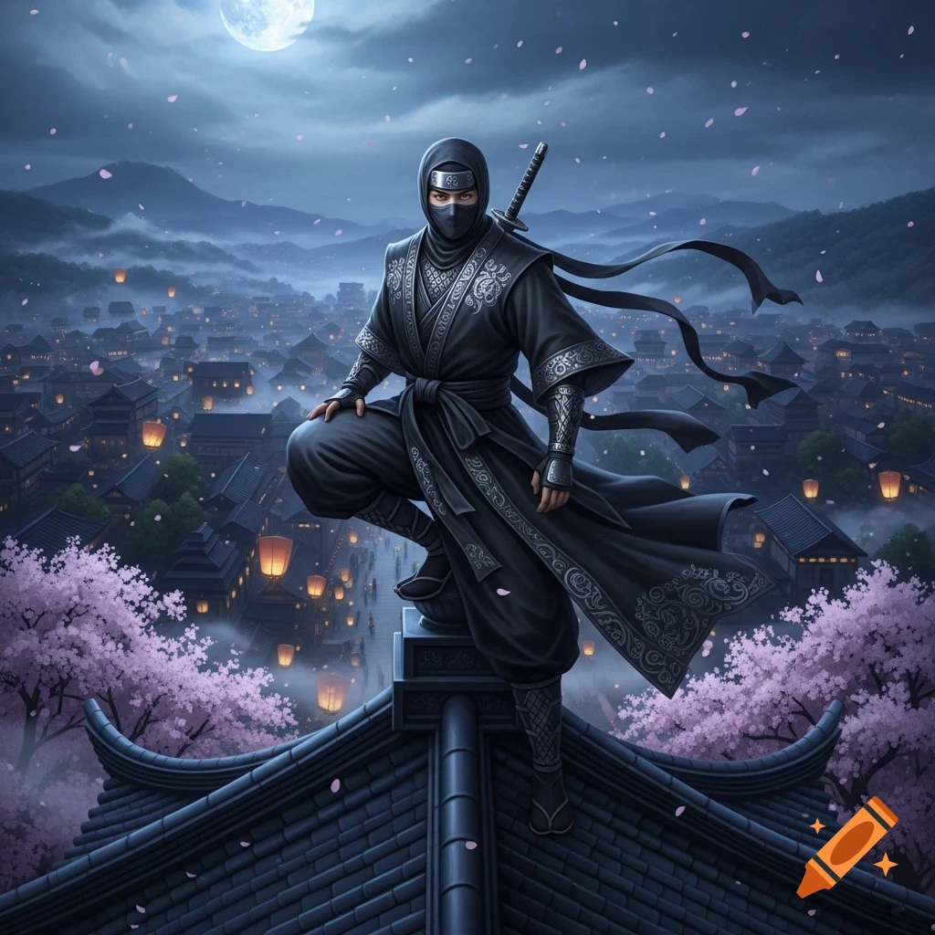 A ninja in a black suit crouches on a rooftop, overlooking a moonlit Japanese village with lanterns and pink cherry blossoms.