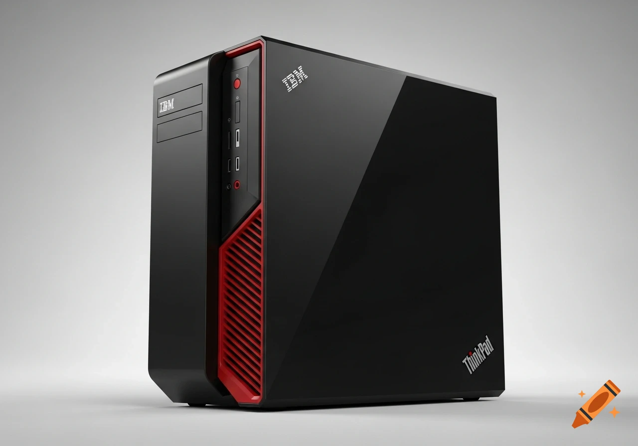 A black and red computer tower with IBM and ThinkPad logos, featuring a sleek design and front ports.