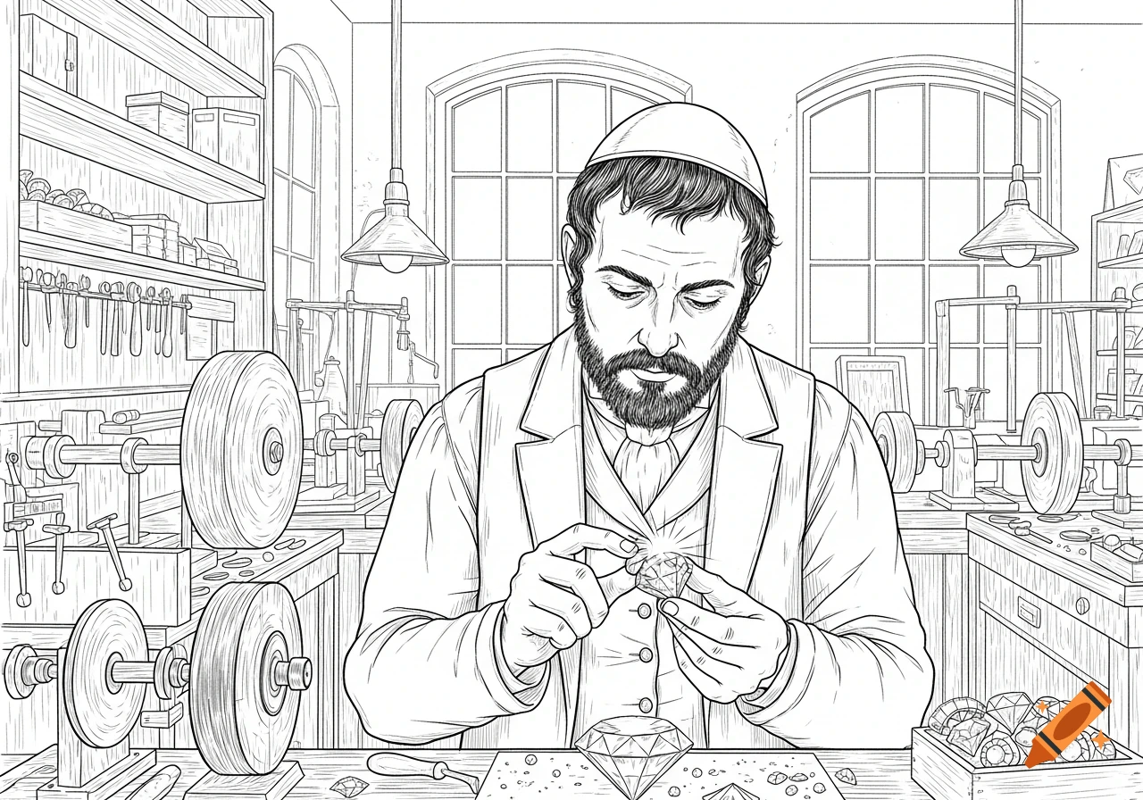 Black and white line drawing of a 19th-century Jewish man polishing a diamond in a historic factory workshop.
