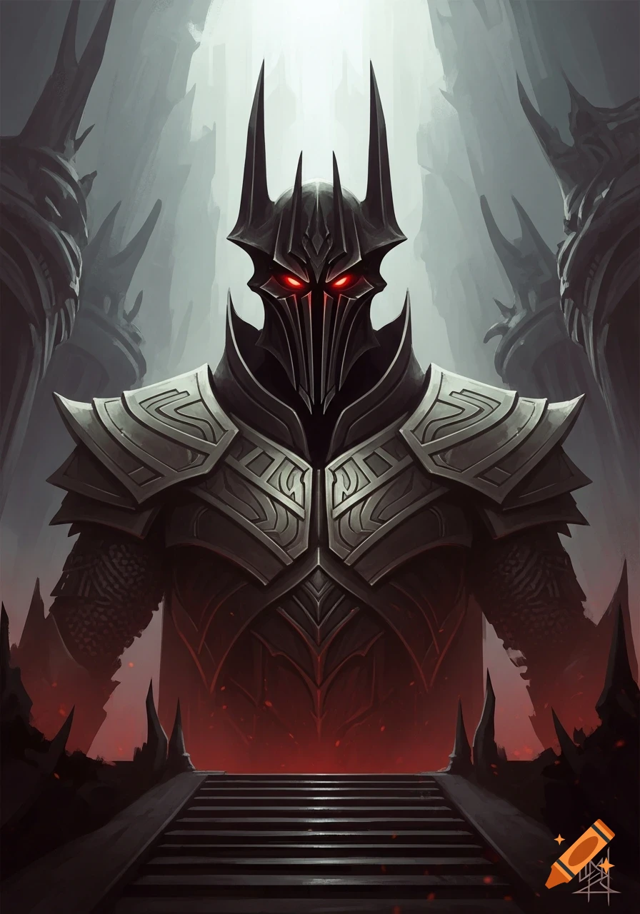 A dark armored figure with glowing red eyes stands on steps in a shadowy, ominous hall, in a stylized, dark fantasy art style.
