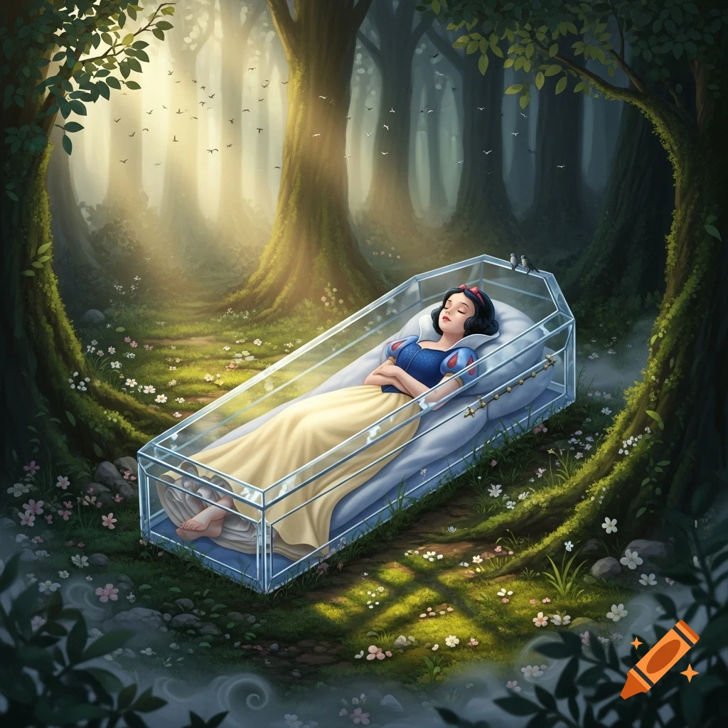 Snow White sleeps peacefully in a clear glass coffin amidst a serene, sunlit forest at dawn.