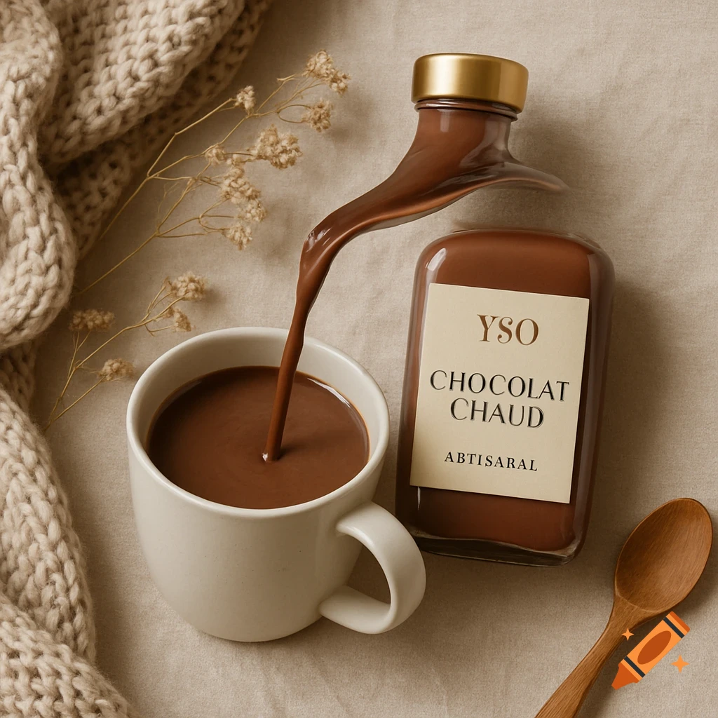 Hot chocolate pours from a glass bottle labeled "YSO Chocolat Chaud Abtisaral" into a white mug, surrounded by a knitted blanket, dried flowers, and a wooden spoon. Photorealistic style.
