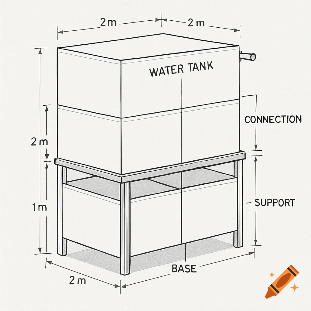 Line drawing diagram of a water tank with dimensions and labels for connection, support, and base.