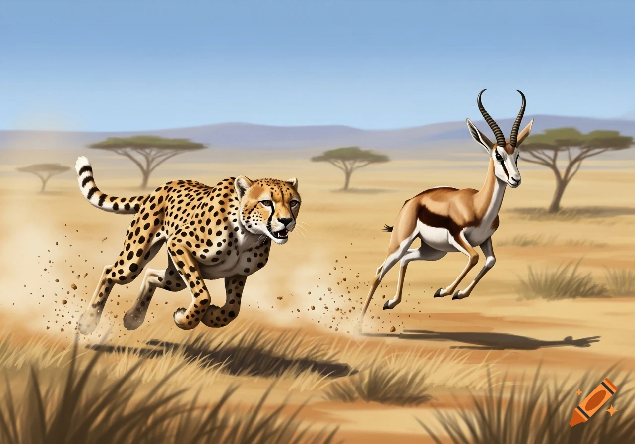 A cheetah chases a gazelle across a sunny, dry savanna with sparse trees, in an illustrative style.