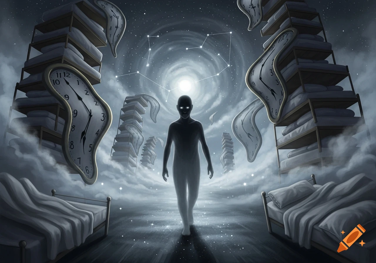 Surreal illustration of a dark figure with glowing eyes in a dreamscape of melting clocks, beds, and a starry sky.