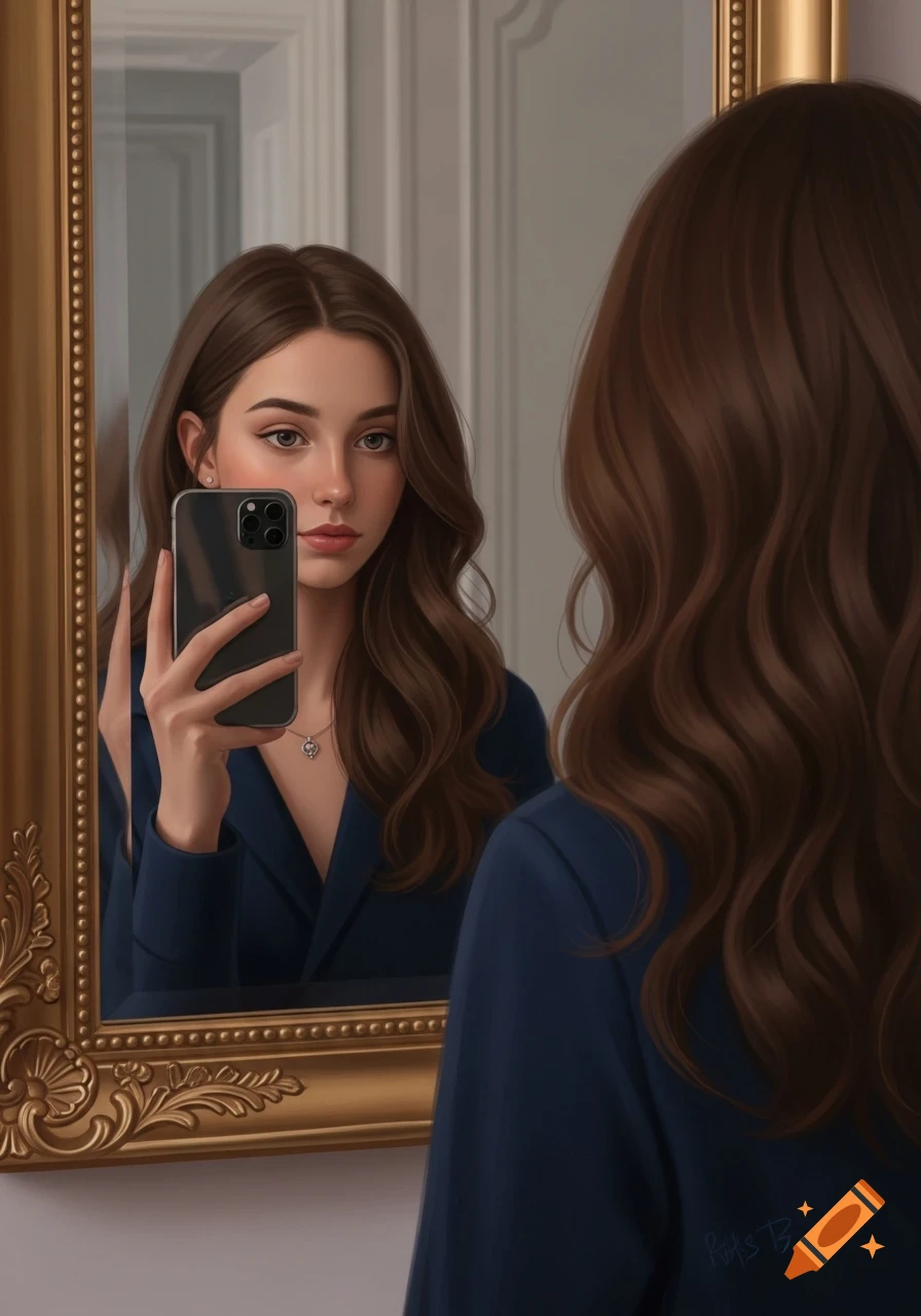 Digital painting of a brunette woman taking a selfie in an ornate golden mirror frame.