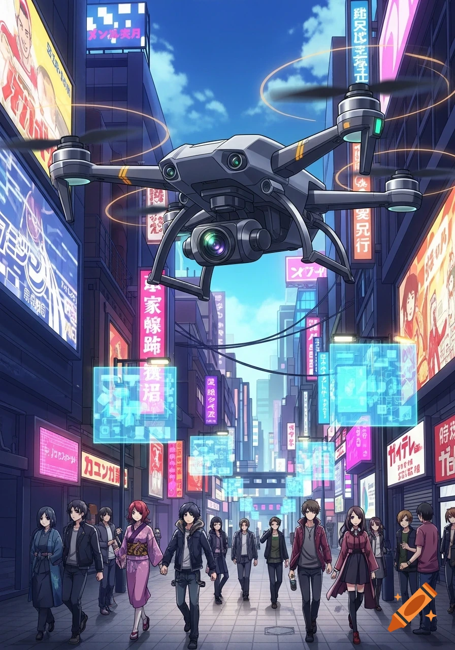 An anime-style illustration of a large drone hovering above a futuristic city street filled with pedestrians and neon signs.