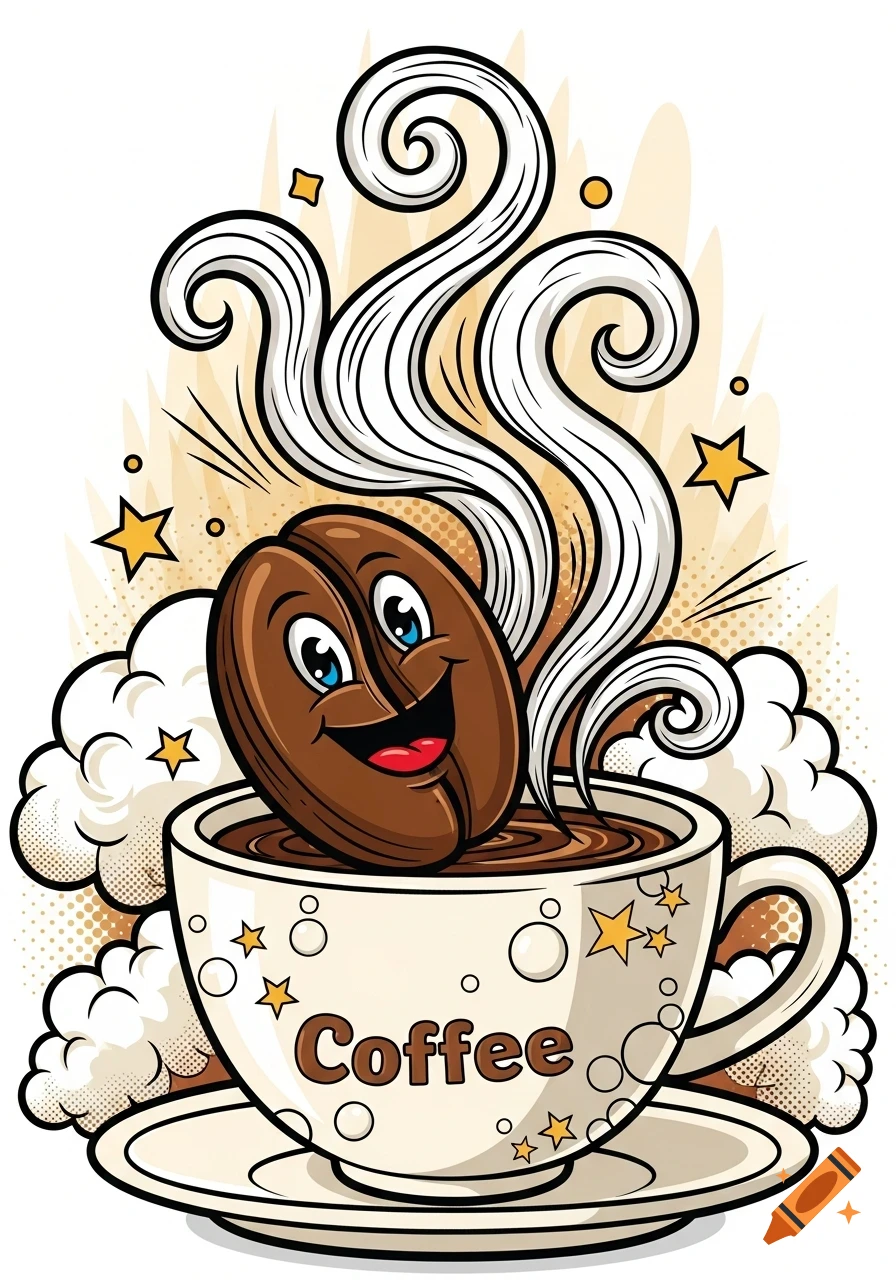 A smiling cartoon coffee bean sits in a steaming coffee cup labeled "Coffee," surrounded by comic-style clouds and stars.
