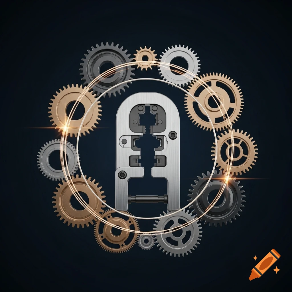 A central silver metallic component resembling a crimping station, surrounded by a circle of various gold and silver gears, against a dark background.