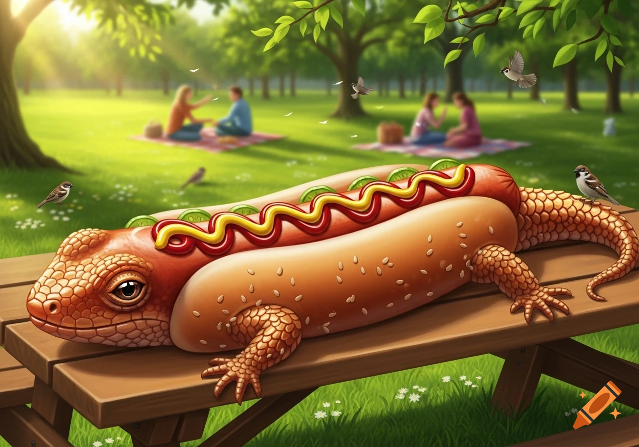A digital painting of a hotdog lizard with condiments on a picnic table in a sunny park with people picnicking in the blurred background.