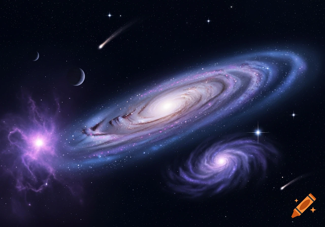 A vibrant cosmic scene featuring a large spiral galaxy, a smaller galaxy, nebulae, planets, and shooting stars.