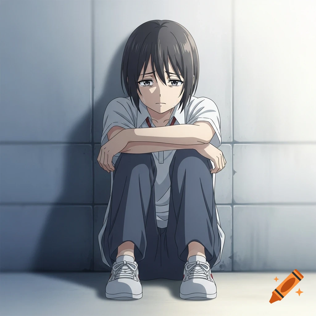 An anime character with short dark hair, sitting slumped against a light blue-gray wall, with teary eyes and arms crossed, appearing discouraged and sad.