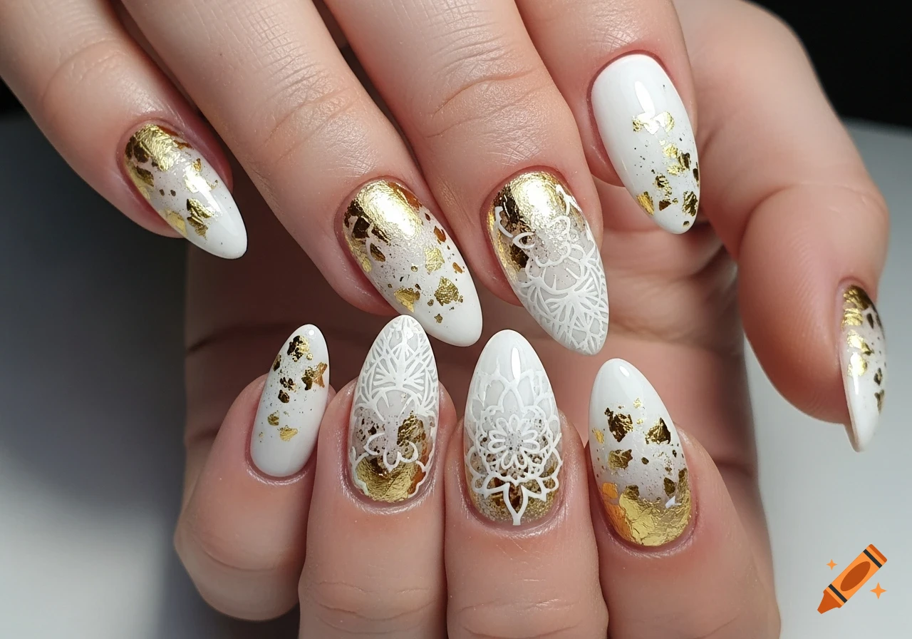 Close-up of a hand with white almond-shaped nails decorated with gold foil flakes and intricate white lace-like patterns.