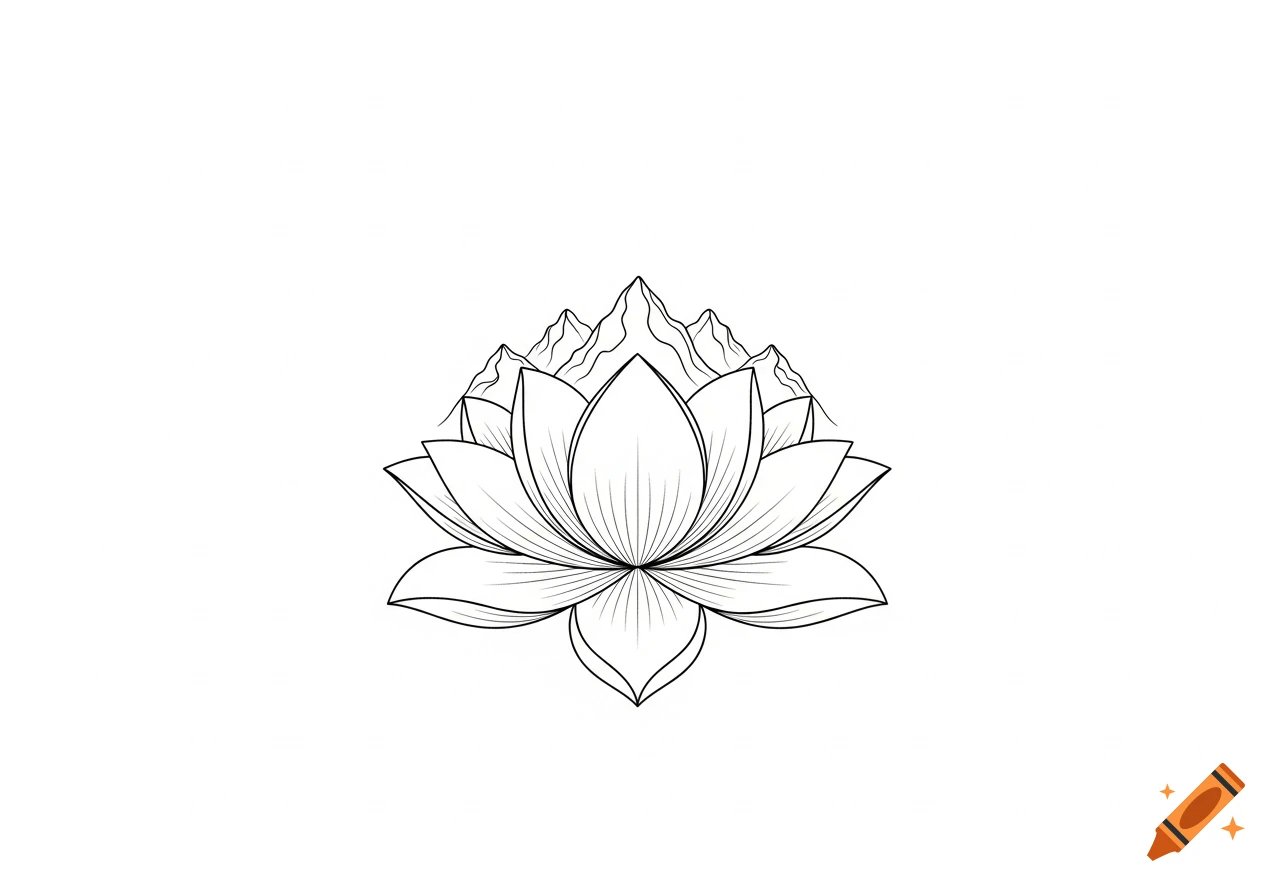 Minimalistic black line art of a lotus flower with mountain peaks above it, on a white background.