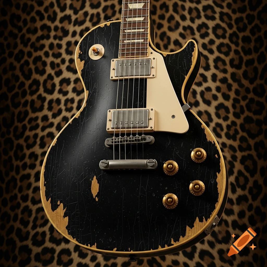 Close-up of a distressed black Gibson Les Paul Custom electric guitar against a leopard print background.