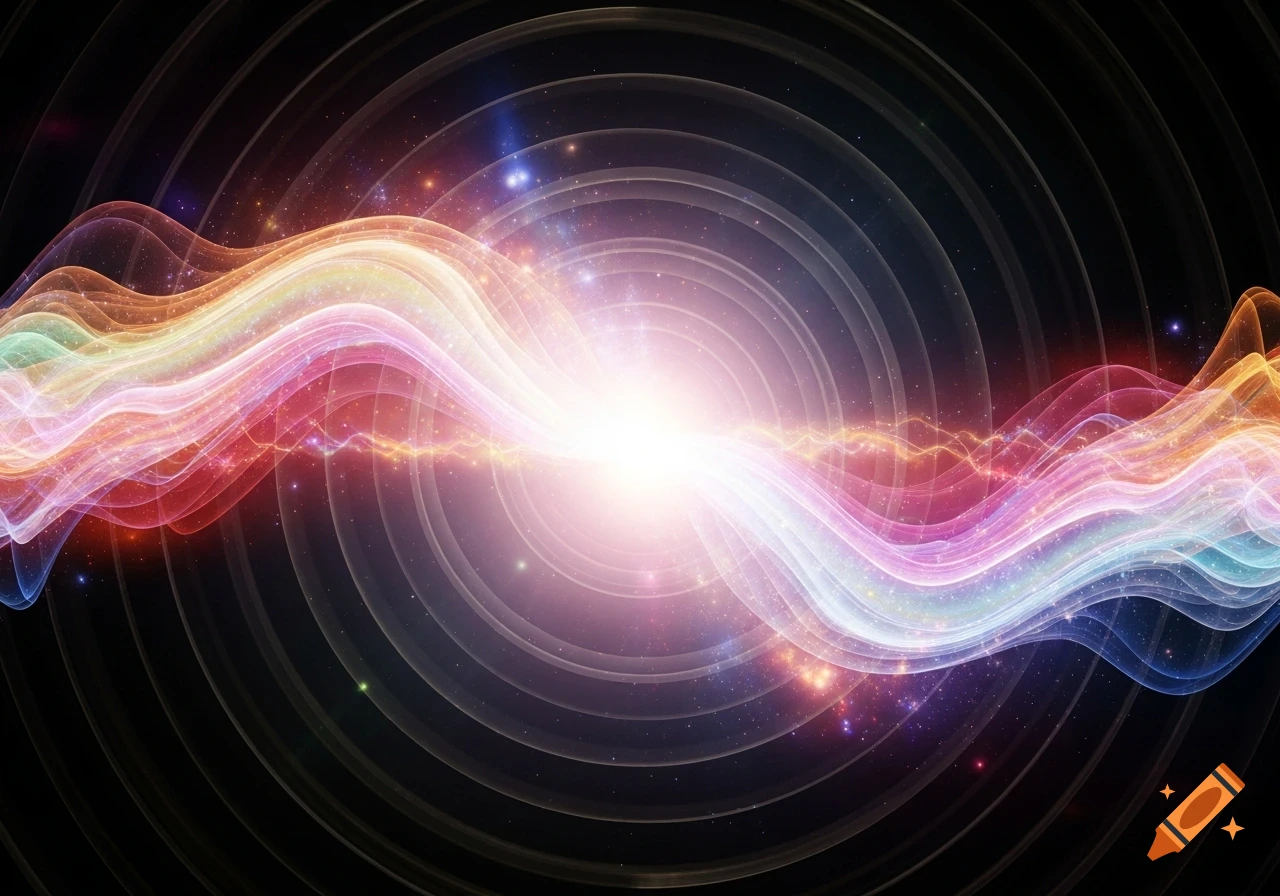 Vibrant, wavy energy pattern with a bright glow, concentric rings, and sparkles on a dark background.