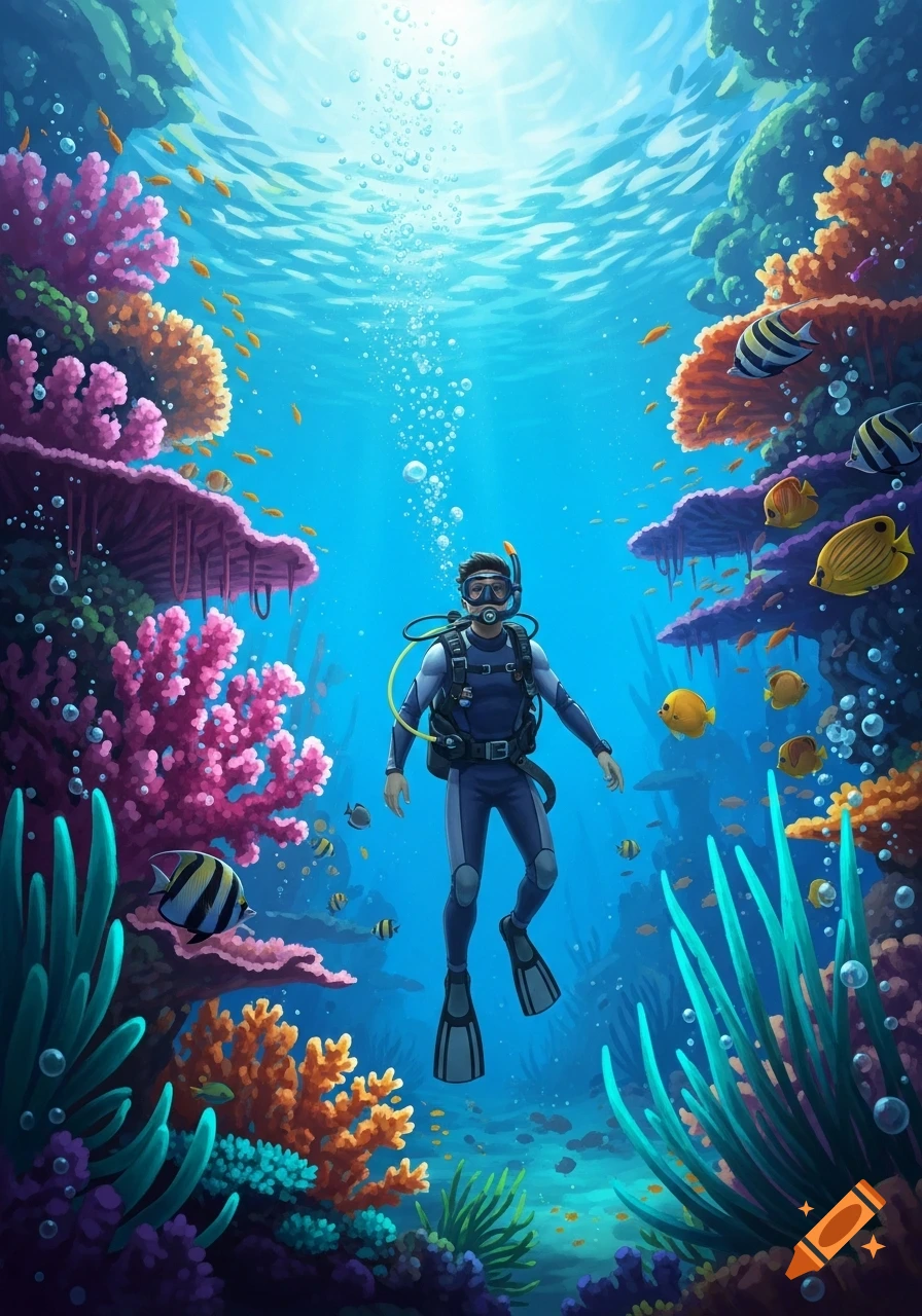 A colorful illustration of a scuba diver swimming among vibrant coral and fish in clear blue water.