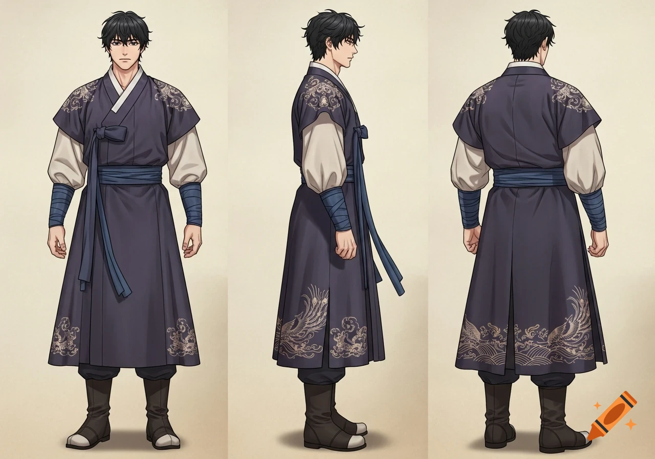 Three manhwa-style views of a man in a dark blue traditional Korean outfit with cream sleeves and ornate patterns.