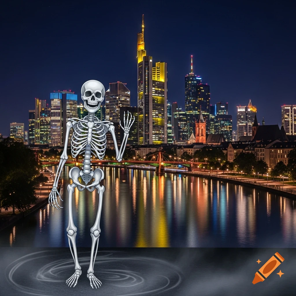 A stylized, laughing skeleton stands on a dark surface, waving in front of a brightly lit Frankfurt cityscape and river at night.