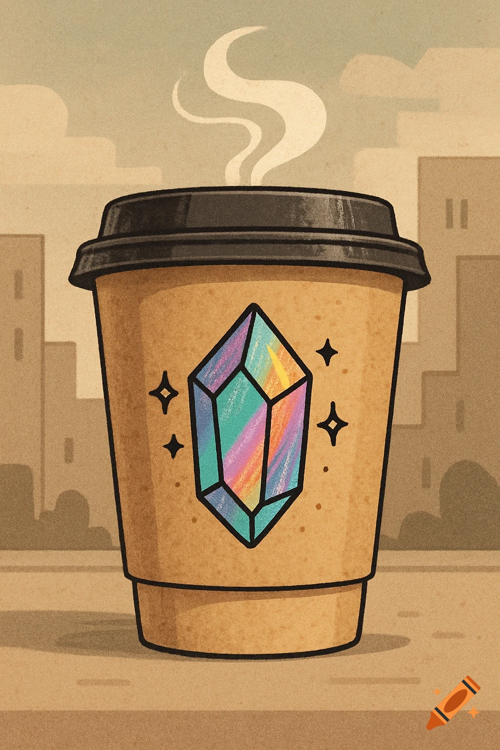 A cartoon illustration of a take-away coffee cup with a colorful crystal logo, emitting steam, against a grainy city background.