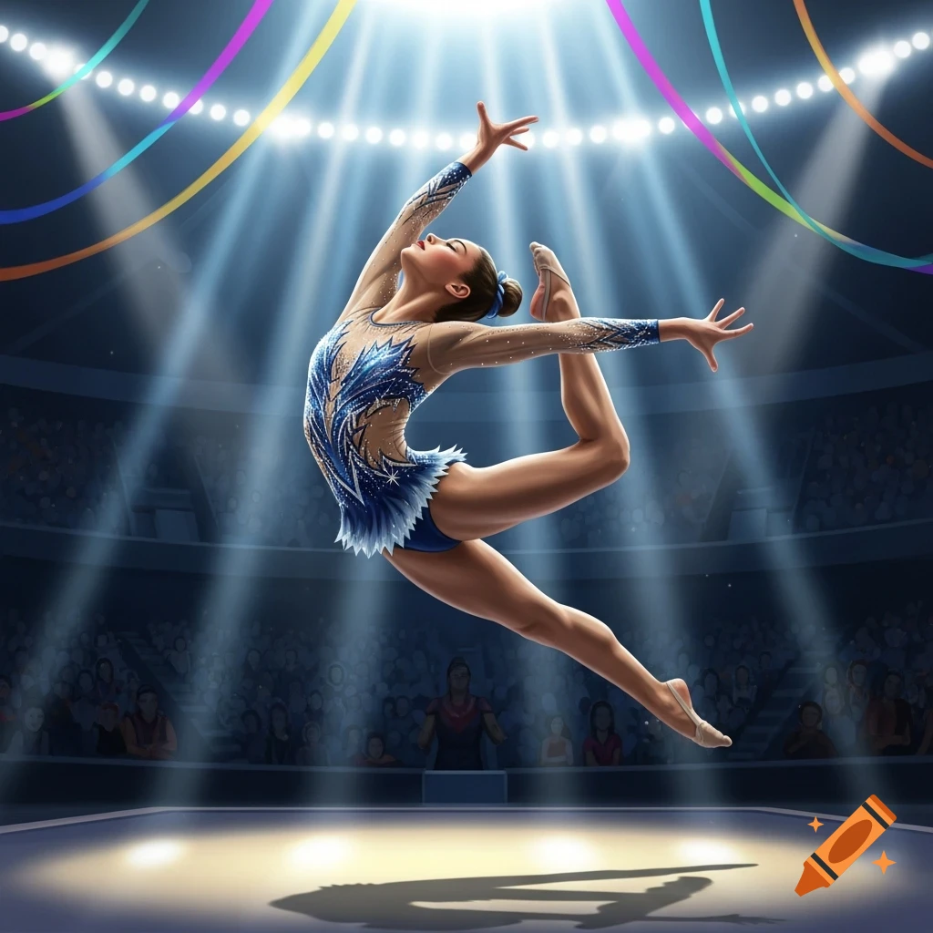 A female gymnast in a blue leotard leaps in a spotlight on a stage. Colorful ribbons and a blurred crowd are in the background.