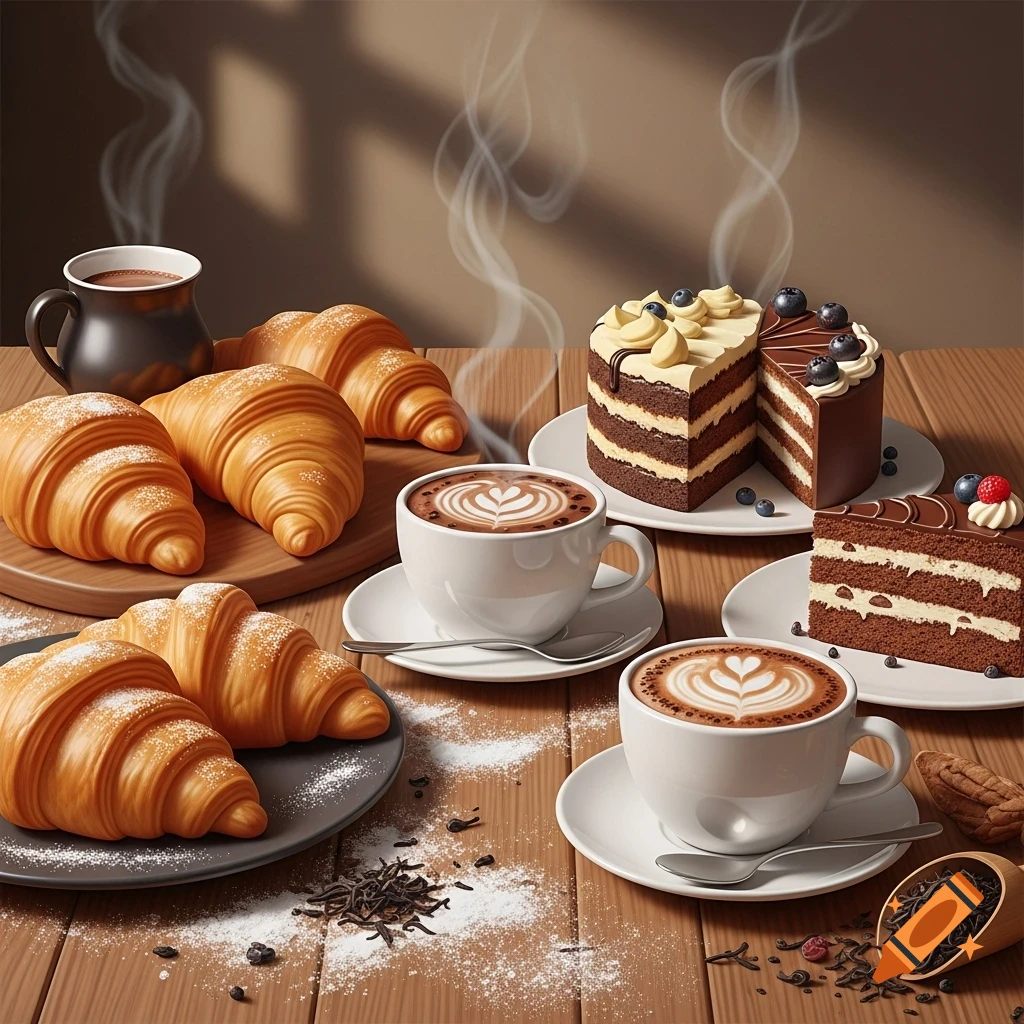 Photorealistic image of croissants, chocolate cake slices, and coffee with latte art on a wooden table.