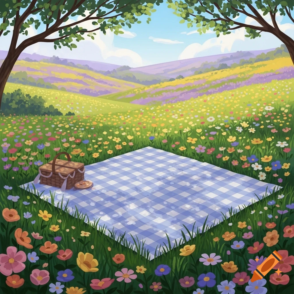 A charming illustration of a blue and white checkered picnic blanket and basket in a vibrant field of colorful wildflowers under a sunny sky, framed by trees.
