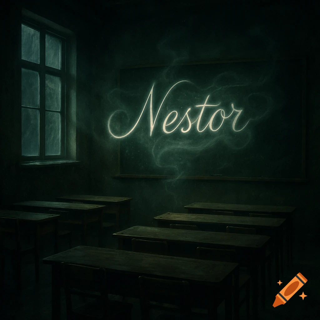 A dark, eerie classroom scene with the glowing green word 'Nestor' written in cursive script on a large blackboard.