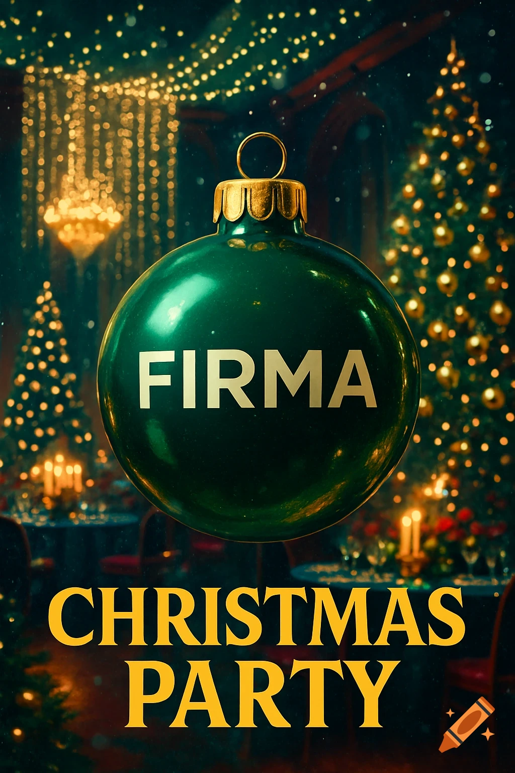 A green Christmas ornament with "FIRMA" on it, above "CHRISTMAS PARTY" text, in a festive room with twinkling lights and Christmas trees.