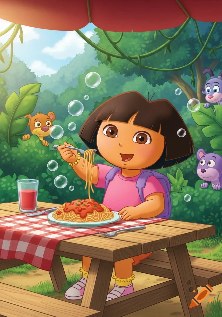 Cartoon illustration of Dora the Explorer eating spaghetti at a jungle picnic table, surrounded by animal friends and floating bubbles.
