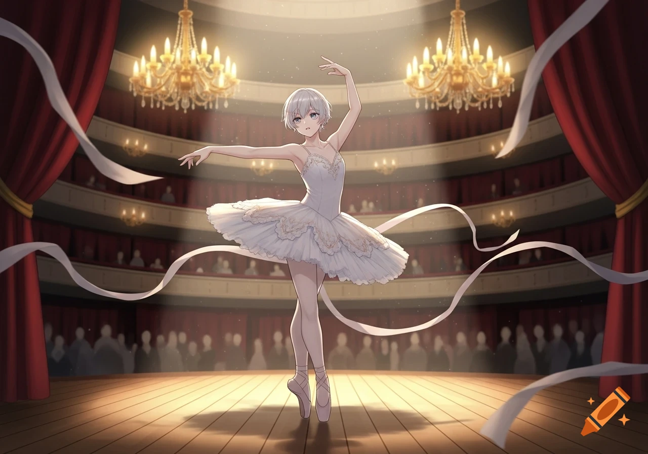 An anime ballet dancer in a white tutu poses gracefully on a spotlighted theater stage with chandeliers and a blurred audience.