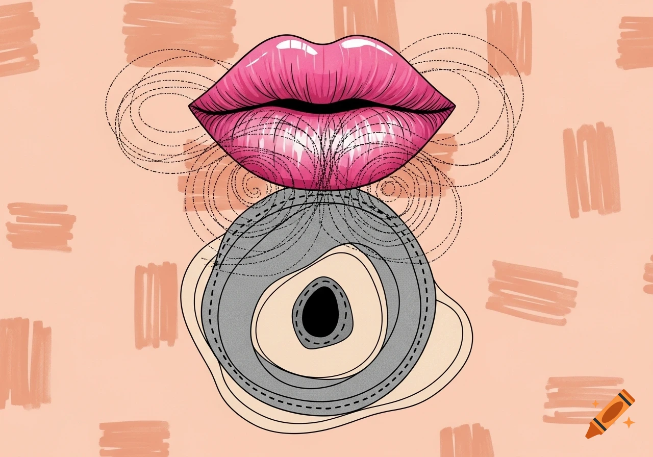 A mixed-media abstract illustration features large pink lips above a grey and beige circular form, surrounded by swirling lines, on a peach background with brown marks.