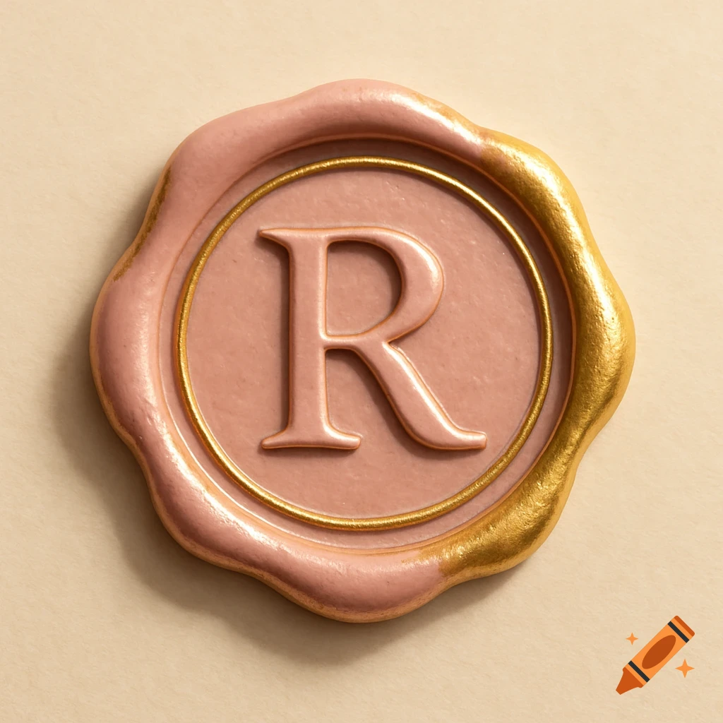 An elegant, photorealistic pastel pink wax seal with a gold border and the letter 'R' embossed in the center.