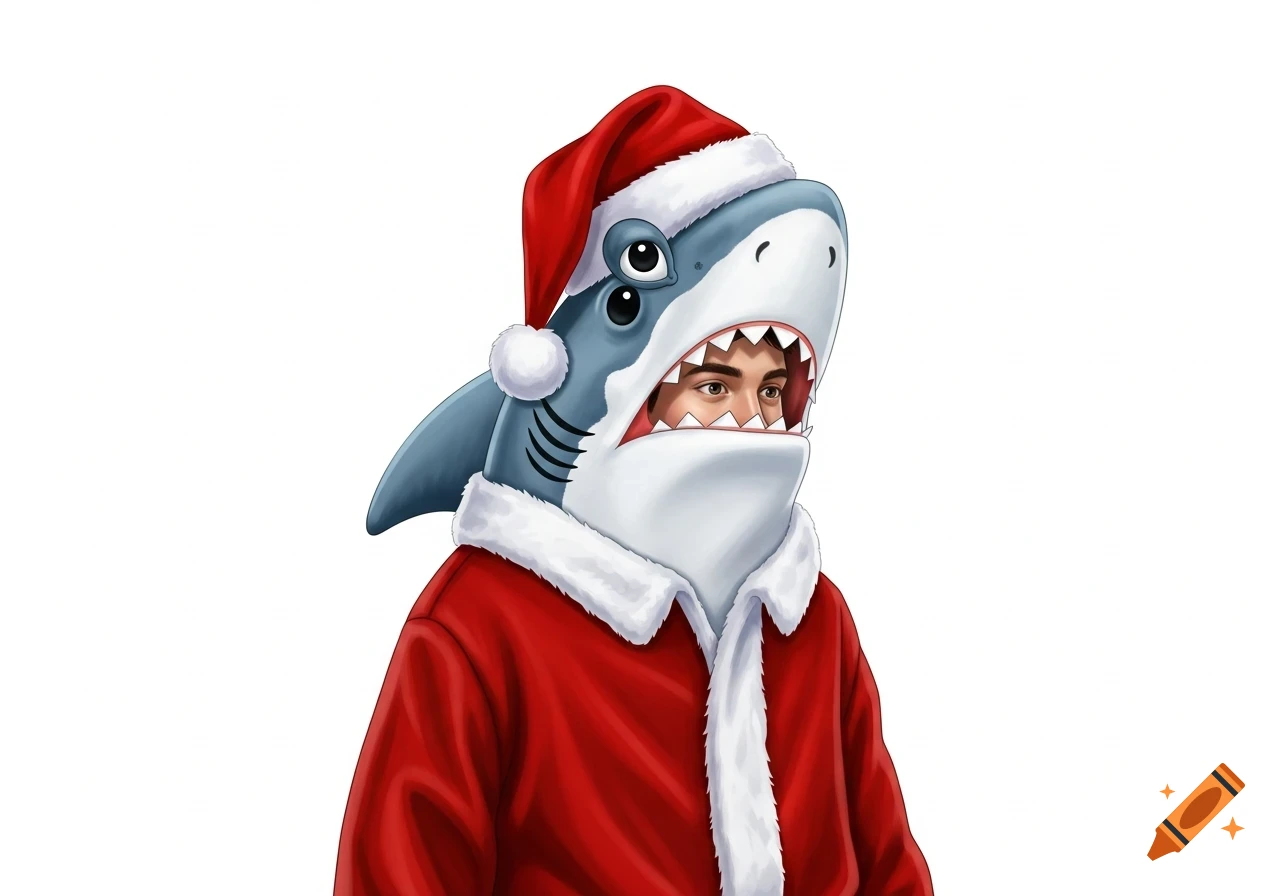 A person in a shark costume, with their face visible through the shark's mouth, also wears a Santa hat and jacket against a white background.
