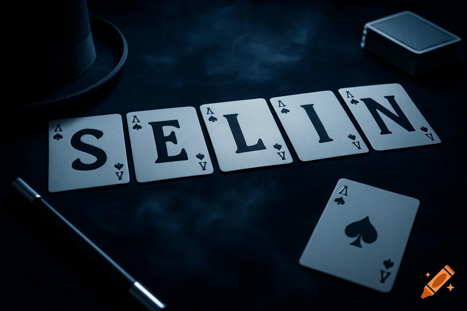 Playing cards spelling 'SELİN' on a dark magician's table with a hat and wand, low-key lighting.