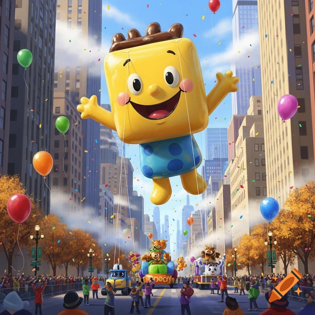 A giant yellow cartoon balloon character with a big smile floats above a city street during a lively parade with crowds and confetti.