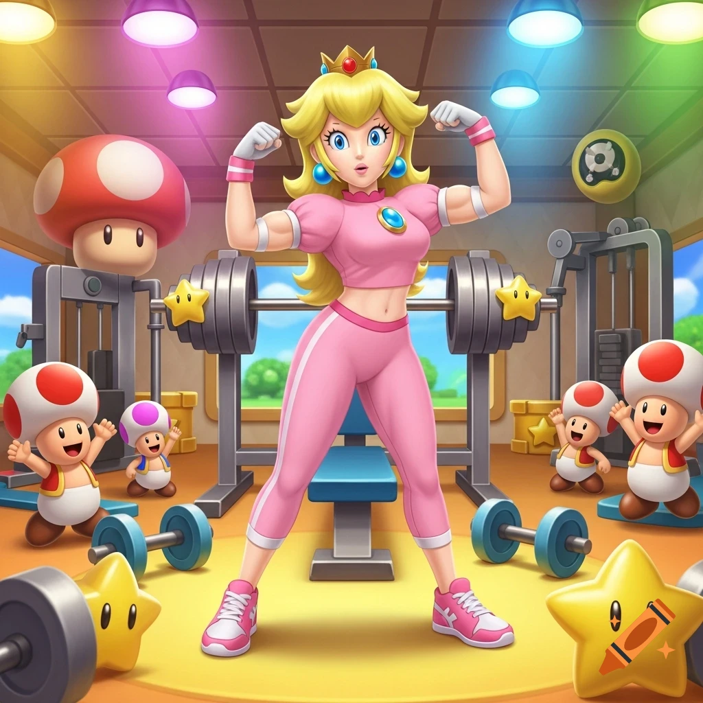 Princess Peach, in pink athletic wear, flexes her muscular arms in a colorful gym surrounded by Toads and Super Mario-themed weights.