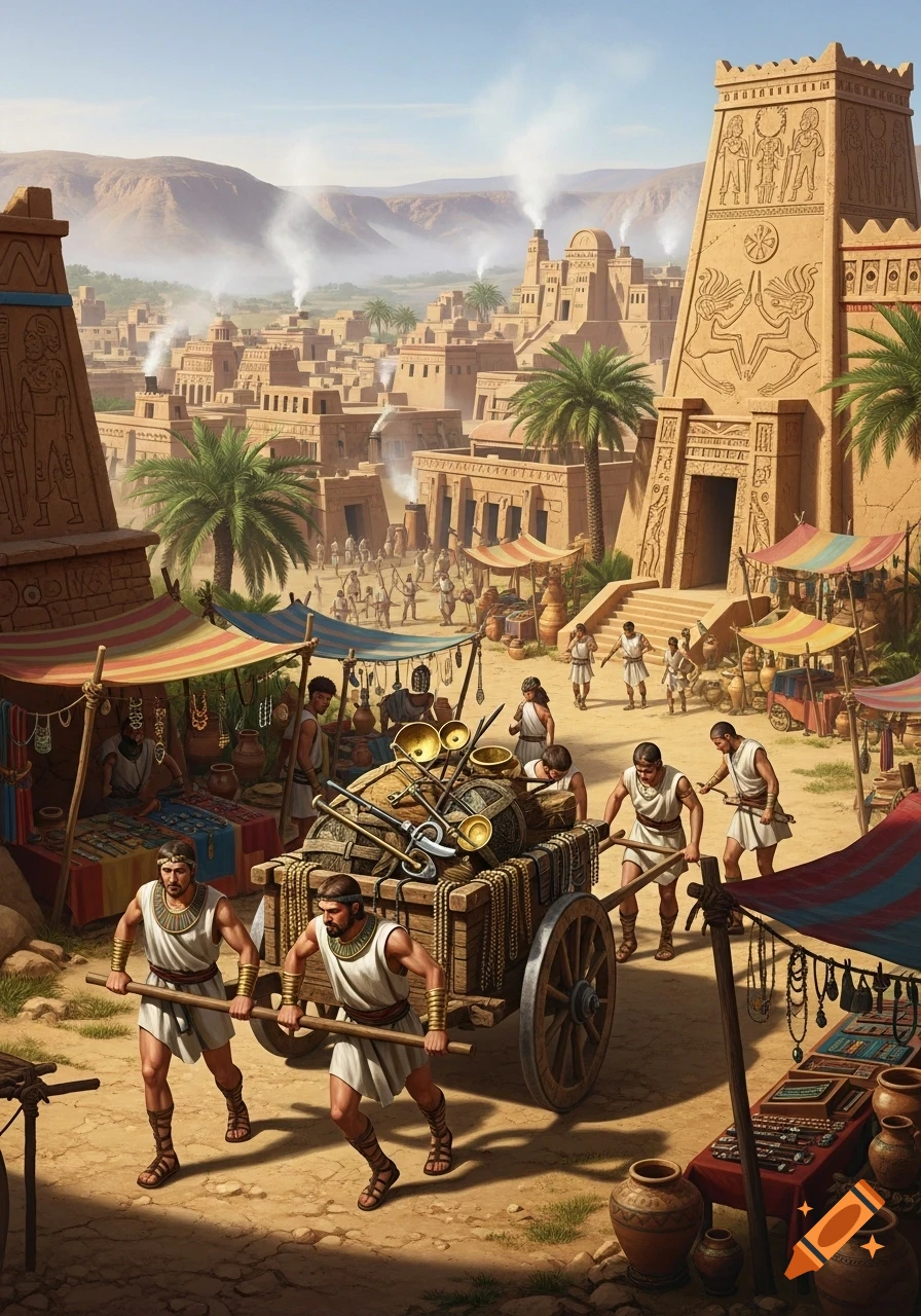 An ancient Bronze Age city market scene with people moving goods on a cart, surrounded by sand-colored buildings with hieroglyphic carvings, palm trees, and distant mountains.