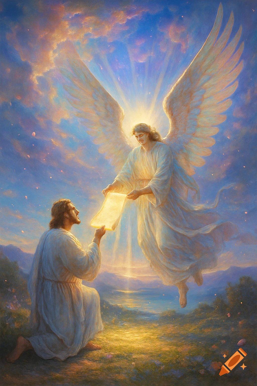 A glowing angel with large wings descends from a radiant sky, handing a luminous scroll to a kneeling man in a white robe, amidst an ethereal landscape.