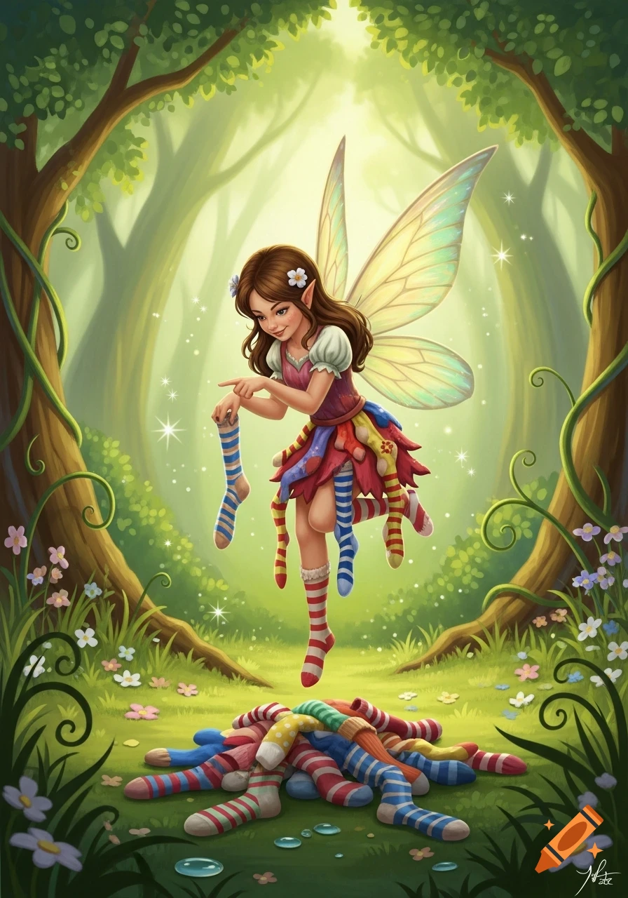 A whimsical fairy with butterfly wings and a dress made of socks stands in a sunlit forest, holding a striped sock above a pile of colorful socks.