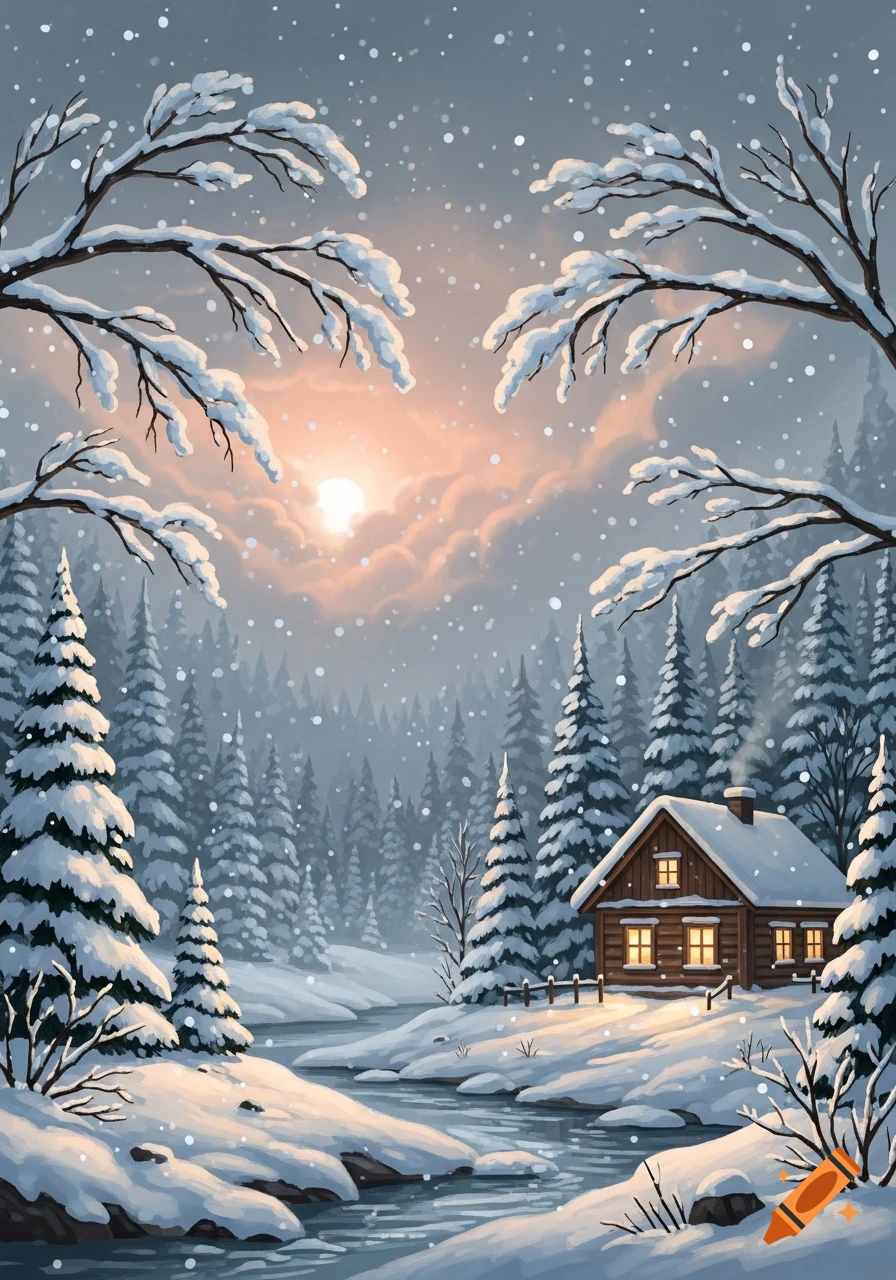 A cozy wooden cabin sits beside a snowy stream in a peaceful winter forest, under a glowing sunset sky with falling snow.